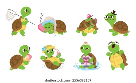 Cartoon turtle. Funny turtles sleep walking screaming resting with cocktail. Different positive children mascots, isolated animal nowaday vector clipart