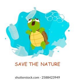 Cartoon turtle and garbage. Trash in ocean or sea, problem of water and planet pollution. Environment, accumulation of waste and its negative impact, vector concept