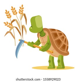 Cartoon turtle harvests with scythe in hand. Vector illustration isolated on white background.