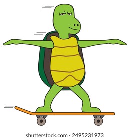 A cartoon turtle is having a fun ride on a skateboard