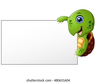 Cartoon Turtle holding blank banner. Vector illustration