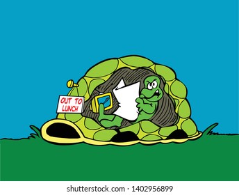 Cartoon turtle at home reading the paper in his shell