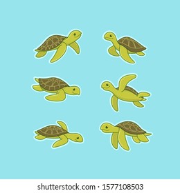 Cartoon turtle icon set. Different poses of turtle. Vector illustration for prints, clothing, packaging, stickers.