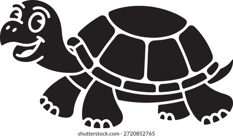Cartoon Schildkröte Illustration verfügt über ein glückliches Gesicht und detaillierte Schale, wie es nach links geht, präsentiert in einem einfachen schwarz-weißen Grafikstil.