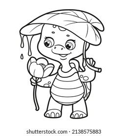 Cartoon turtle with a leaf on head hides behind and water lily in paw outlined for coloring page on white background