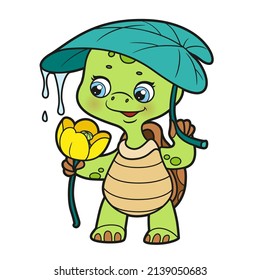 Cartoon turtle with a leaf on head hides behind and water lily in paw color variation for coloring page on white background