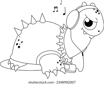 Cartoon turtle listening to music. Vector black and white coloring page.