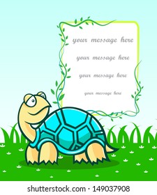 cartoon turtle on green grass and vine frame to fill your text, separated stroke and color layer, easy to change and edit color