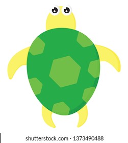 A cartoon turtle with pale green hexagonal designs on the dark green shell or shield has two bulging eyes; head arms and legs yellow in color vector color drawing or illustration 