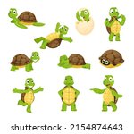 Cartoon turtle personage, cute tortoise animal characters. Funny little vector turtles smiling, sleep, hatch of an egg, walking and swim. Friendly aquatic and terrestrial reptilians, adorable reptiles