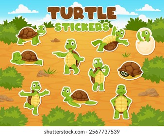 Cartoon turtle personages stickers pack, tortoise animal characters. Reptile cute childish vector character or happy smiling, slipping, dancing turtle, tortoise baby in egg shell mascot stickers set