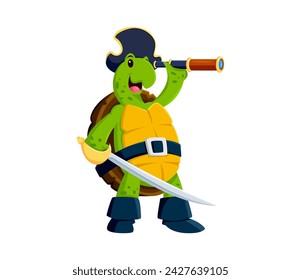 Cartoon turtle pirate animal character wearing tricorn captain hat, looking through a spyglass, clutching trusty cutlass. Isolated vector cute and funny reptile tortoise filibuster searching treasures