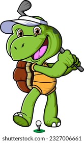 Cartoon turtle playing golf on the golf course of illustration