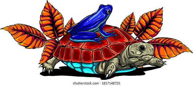 Tortuga de caricatura posando sobre el vector de trompa de hojas