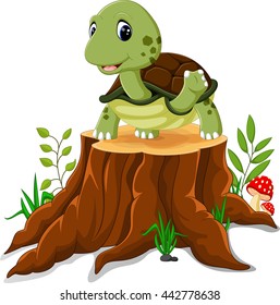 Cartoon turtle posing on tree stump