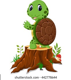 Cartoon turtle posing on tree stump