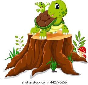 Cartoon turtle posing on tree stump