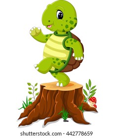 Cartoon turtle posing on tree stump