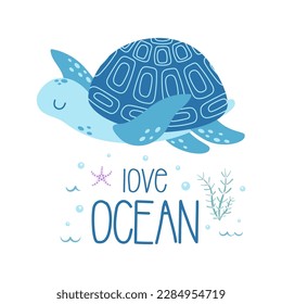 cartoon turtle poster, cute card with ocean animal, lettering, air bubbles and seaweed, vector illustration of water reptile with shell