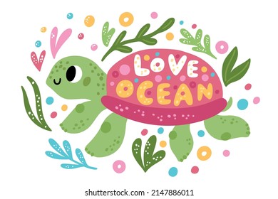 Cartoon turtle poster. Funny ocean animal. Seaweeds and air bubbles. Water reptile with shell. Marine underwater life. Swimming tortoise. Sea ecology and environment