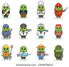 Cartoon Turtle in professional uniform. Vector set of Turtle different professions. Vector characters with jobs different occupation. Different jobs professionals. Isolated vector icons set