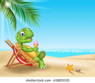 Cartoon turtle relaxing on the beach