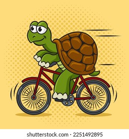 la tortuga de dibujos animados montar bicicleta pinup arte pop retro ilustración vectorial. La imitación al estilo de un libro de historietas.