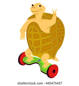 Cartoon turtle riding on the modern self-balancing electric scooter and gesturing peace sign. Isolated background.