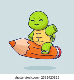 Cartoon Turtle Riding On School Pencil Vector Illustration