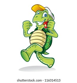 Cartoon turtle was running cheerfully while eating an apple and wearing a hat