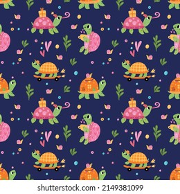 Cartoon turtle seamless pattern. Different actions of little reptiles with shells. Decorative nursery wallpaper. Baby animal skateboarding. Tortoise with birthday gift