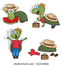 Cartoon turtle set for summer holidays relax. Funny tourist vector set.