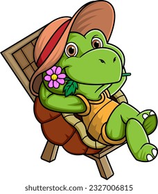 Cartoon turtle sitting on beach chair and a flower of illustration