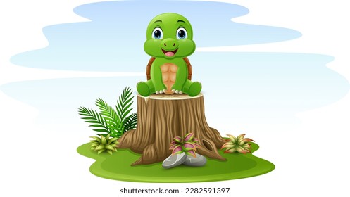 Cartoon turtle sitting on tree stump