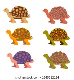 Cartoon turtle. Six. Multicolored little turtles, modern colors. Vector set. A collection of cute friendly aquatic and terrestrial reptiles. Marine reptile set.