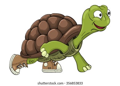 Cartoon turtle in sneakers readies to start  running