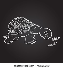Cartoon turtle sniffing flower. Hand drawn vector stock illustration