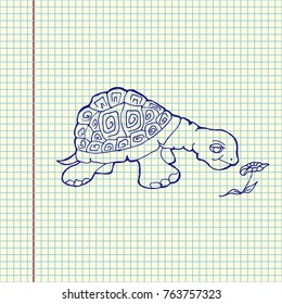 Cartoon turtle sniffing flower. Hand drawn vector stock illustration