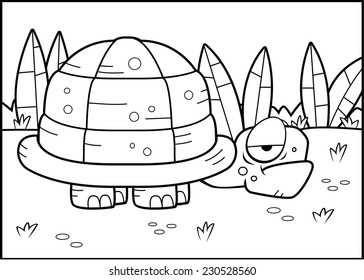 A cartoon turtle standing in the swamp.