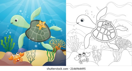 Cartoon of turtle with starfish and crab undersea, coloring book or page