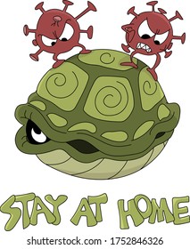 Tortuga de caricatura que se queda dentro de su caparazón para estar a salvo de la ilustración del vector del virus de la corona