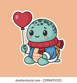 cartoon turtle sticker, wearing a jacket and carrying balloons