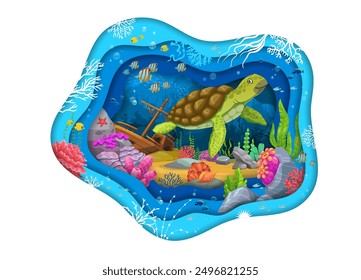 Cartoon turtle and sunken ship at paper cut underwater landscape with fishes, tropical corals and seaweeds. 3d vector papercut dimensional whimsical sea life and shipwreck scene in wavy layered frame