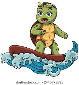 Cartoon turtle surfing in the sea