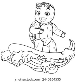 cartoon turtle surfing in the sea line art