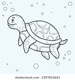 Cartoon turtle swimming with bubbles line art, suitable for coloring books.