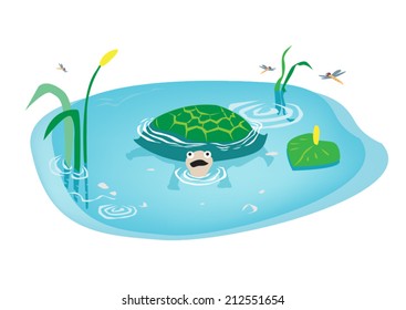 Cartoon Turtle swimming in Swamp. Drawing for Kids.