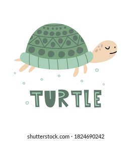 Cartoon turtle and  text. Hand drawn illustration. Vector illustration in flat style isolated on a white background. Great design element for sticker, patch or poster. 