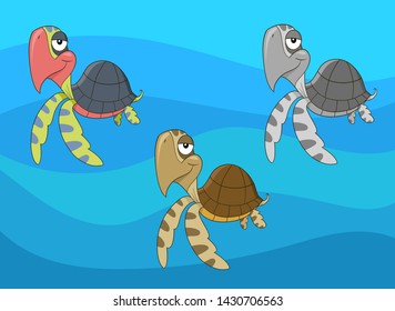 Cartoon turtle in three versions of color with separate background