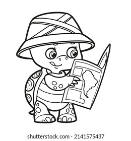 Cartoon turtle with a tourist guide in paw outlined for coloring page on white background